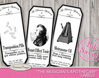 Musicians Apothecary Bottle Labels Jar Labels Tags ink saver paper crafting instant download printable digital collage sheet - VDAPVI1582