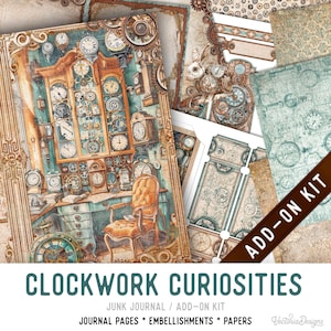 Könnte beinhalten: Eine Sammlung von Papier-Ephemera im Vintage-Stil mit Illustrationen von Uhren und Zahnrädern. Das Hauptbild zeigt eine detaillierte Illustration eines Raumes voller Uhren. Der Text lautet "CLOCKWORK CURIOSITIES" und "ADD-ON KIT".