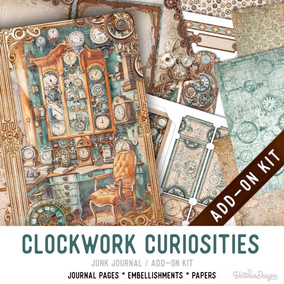 Clockwork Curiosities Junk Journal Add-On Kit, Printable Pages Embellishments Papers - 004029