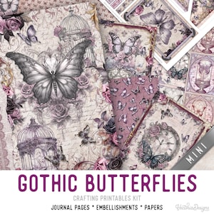 Gothic Butterflies Junk Journal Kit MINI, Gothic Crafting Printables Kit Butterfly Embellishments Printable Paper Craft Kit Craft 003381