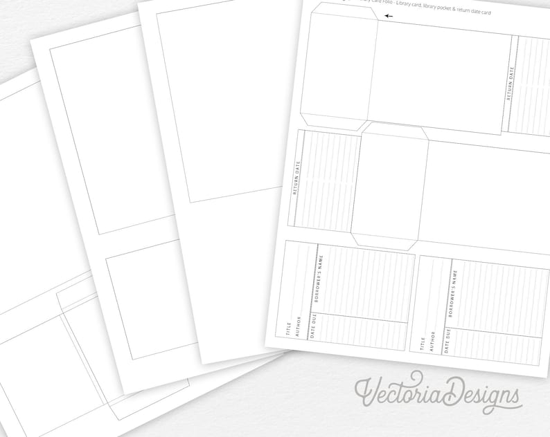May include: Printable library card template with fields for title, author, date due, borrower's name, and return date. The template is designed to be folded into a pocket-sized card.