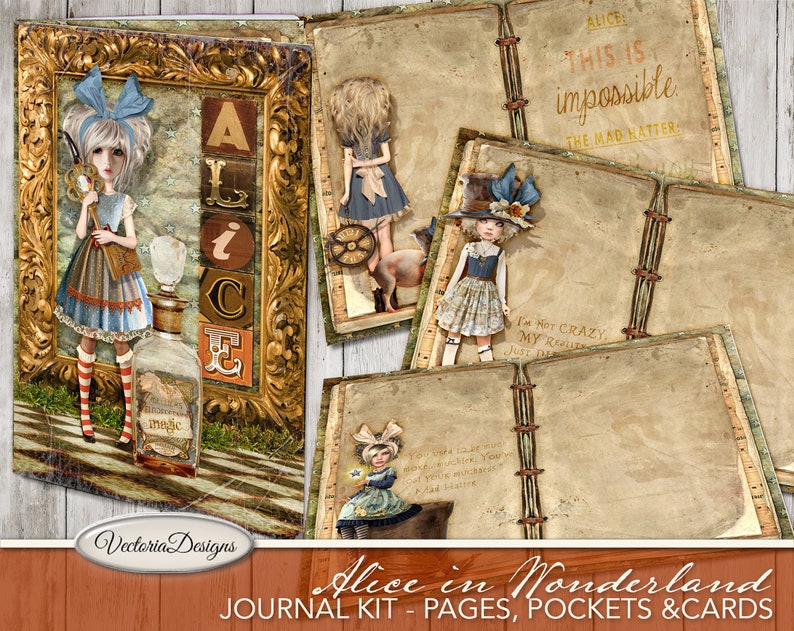 Alice In Wonderland Papers, Junk Journal Kit, Printable Journal Pages, Craft Paper, Digital Paper, Instant Download, Alice Decor 001952 image 1