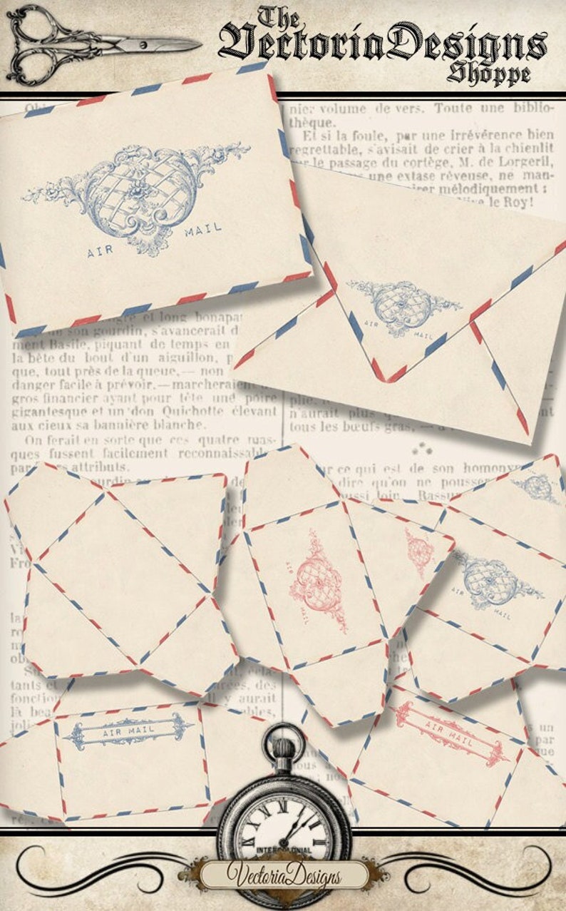 May include: A collection of vintage air mail envelopes with red, white, and blue stripes. The envelopes feature a decorative design with a clock and the words "Air Mail".