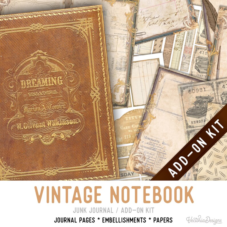 Peut inclure: Kit d'extension pour carnet de notes vintage pour le journalisation cr&eacute;ative. Le kit comprend une vari&eacute;t&eacute; de papiers, d'embellissements et de pages de journal avec une esth&eacute;tique vintage. Le kit pr&eacute;sente un livre reli&eacute; en cuir marron avec des accents dor&eacute;s et le texte "DREAMING" sur la couverture.