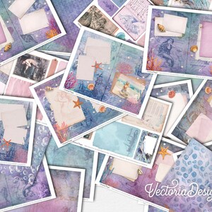 May include: A collection of digital scrapbook paper featuring a mermaid theme. The papers are in shades of blue, purple, and pink with images of seashells, starfish, and bubbles. The papers are perfect for creating digital scrapbook pages, cards, and other crafts.