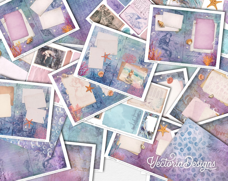 May include: A collection of digital scrapbook paper featuring a mermaid theme. The papers are in shades of blue, purple, and pink with images of seashells, starfish, and bubbles. The papers are perfect for creating digital scrapbook pages, cards, and other crafts.