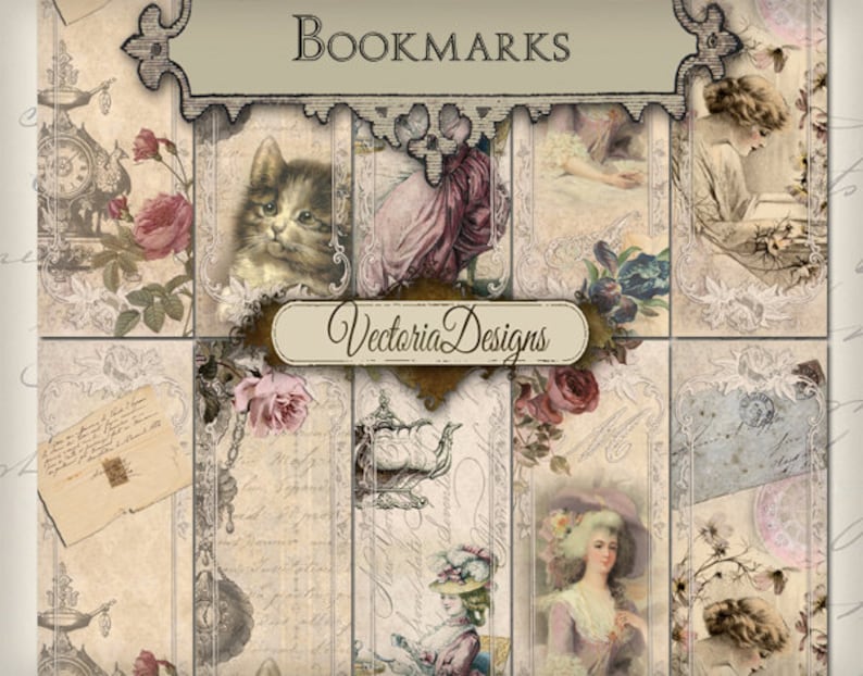 May include: A set of 10 printable bookmarks featuring vintage illustrations of flowers, cats, women, and text. The bookmarks are designed in a vintage style with a cream background and ornate borders. The text "BOOKMARKS" is at the top of the image and "Vectoria Designs" is in the center.