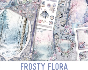 Frosty Flora Junk Journal Kit, Printable Junk Journal Kit Winter Flowers Embellishments Flowers Junk Journal Papers Winter Craft Kit 003107