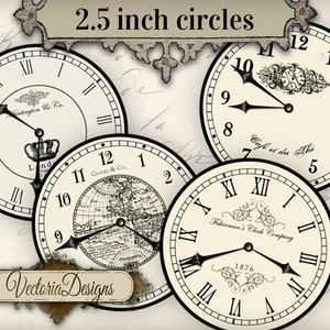 2.5 inch Vintage Clock images with without handles printable hobby crafting scrapbooking instant download digital collage sheet - 000680