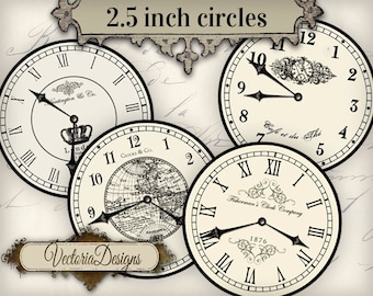 2.5 inch Vintage Clock images with without handles printable hobby crafting scrapbooking instant download digital collage sheet - 000680