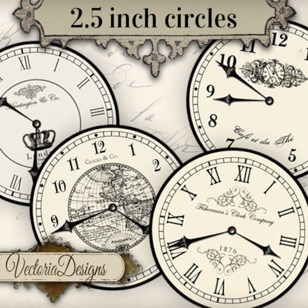 2.5 inch Vintage Clock images with without handles printable hobby crafting scrapbooking instant download digital collage sheet - 000680