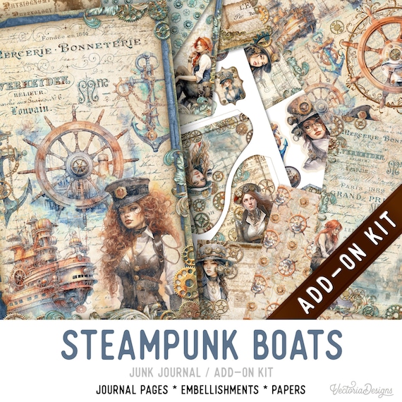 Steampunk Boats Junk Journal Kit ADD-ON, Printable Craft kit with Journal Pages, Embellishments and Papers - 003316