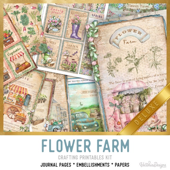 Flower Farm Junk Journal Kit DELUXE - Printable Pages, Papers and Embellishments for Crafting - 002933