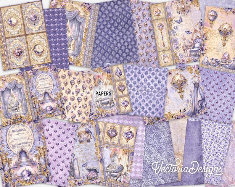 Purple and Gold Junk Journal Kit DELUXE, Purple Gold Crafting Printables Kit Purple Embellishments Printable Paper Craft Kit Tutorial 003318 image 5