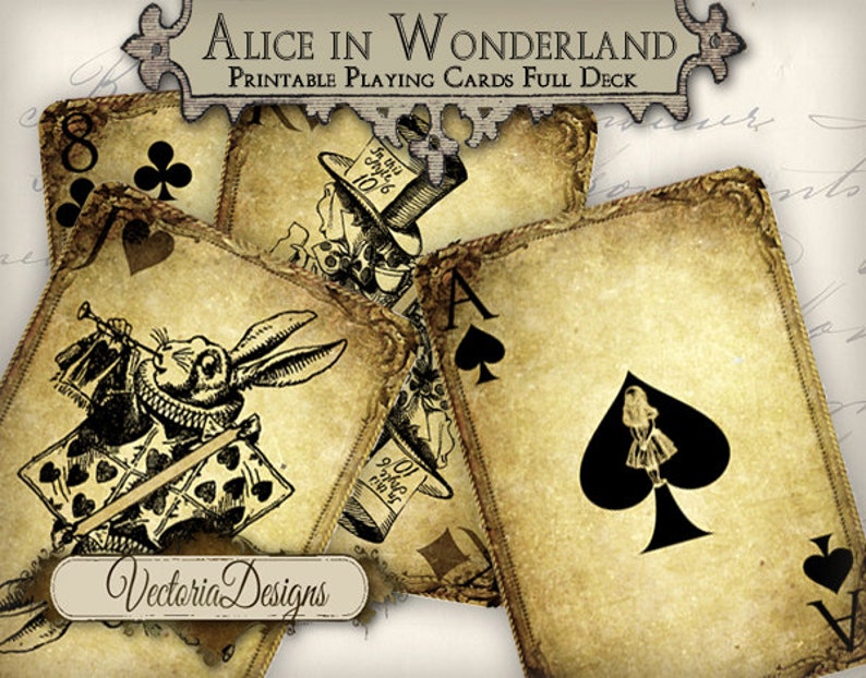 Grunge Alice in Wonderland playing cards full deck card game crafting craft art instant download printable digital collage sheet 000273 image 2