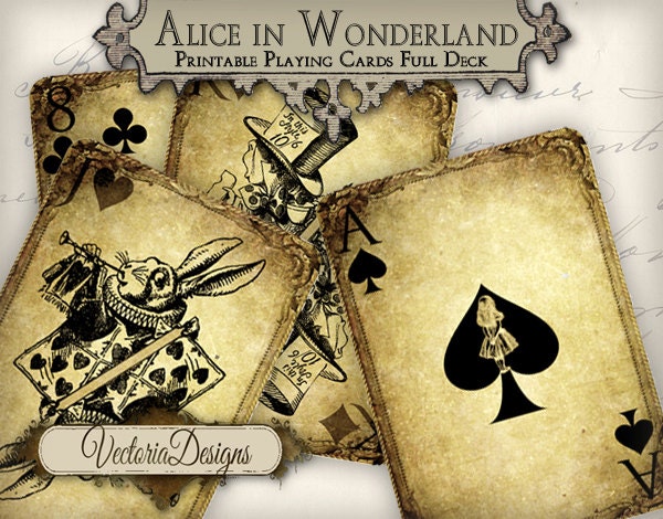Printable Alice in Wonderland playing cards full deck paper crafting  scrapbooking craft instant download digital collage sheet - 000108