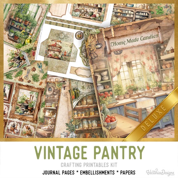Vintage Pantry Junk Journal Kit (DELUXE) - Printable Pages, Papers and Embellishments for Crafting - 003655