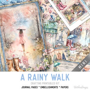 A Rainy Walk Junk Journal Kit MINI, Rain Crafting Printables Rain Embellishments Rain Printable Rain Paper Rain Junk Journal 003366