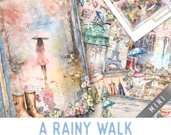 A Rainy Walk Junk Journal Kit MINI, Rain Crafting Printables Rain Embellishments Rain Printable Rain Paper Rain Junk Journal 003366