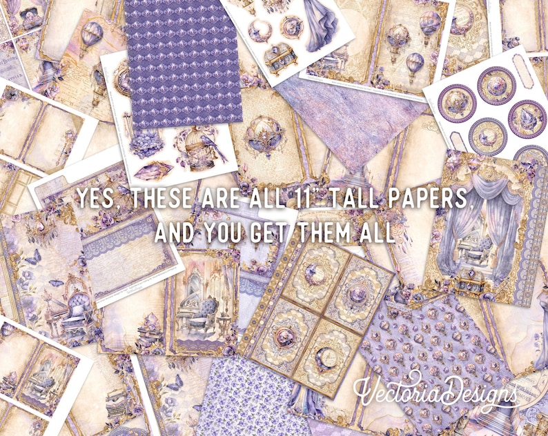 Purple and Gold Junk Journal Kit DELUXE, Purple Gold Crafting Printables Kit Purple Embellishments Printable Paper Craft Kit Tutorial 003318 image 2