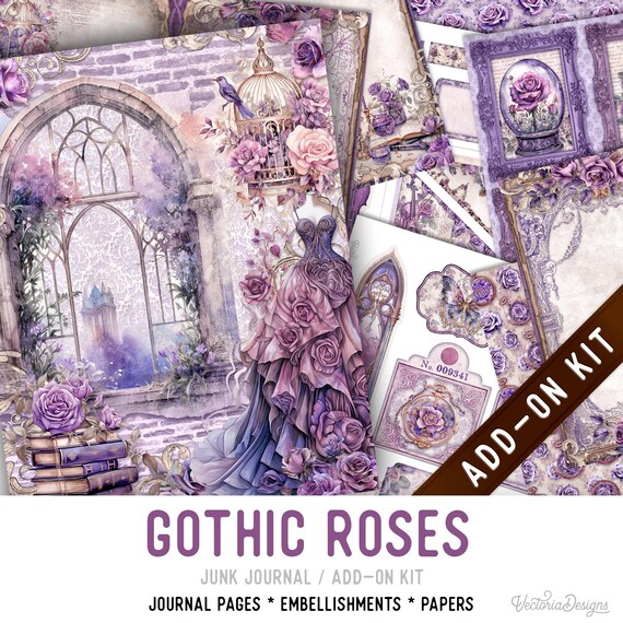 Gothic Roses Junk Journal Kit ADD-ON, Printable Pages Embellishments Papers - 003761