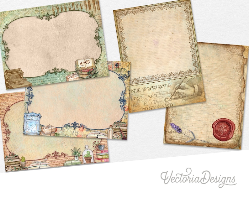 May include: Four vintage-style printable journal pages with decorative borders and illustrations. The pages feature a typewriter, books, a quill pen, and a wax seal.
