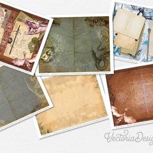 May include: Six digital paper designs featuring dragons, geometric patterns, and parchment paper textures. The designs are in shades of brown, blue, and gray.