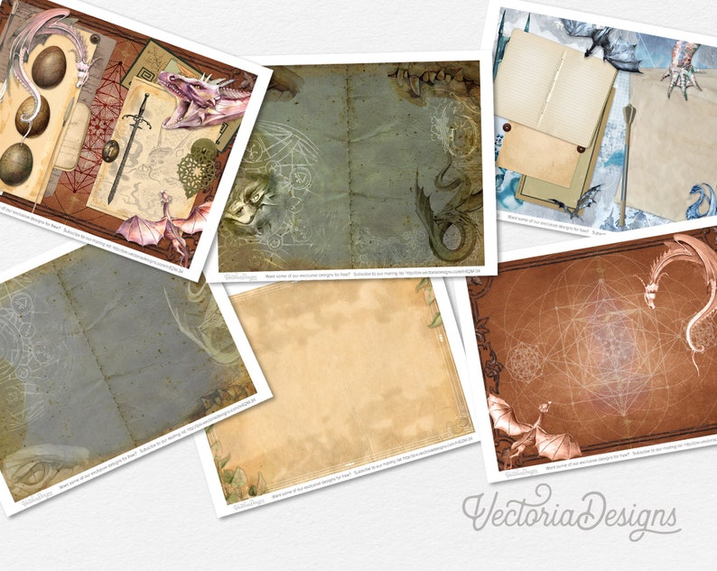 May include: Six digital paper designs featuring dragons, geometric patterns, and parchment paper textures. The designs are in shades of brown, blue, and gray.
