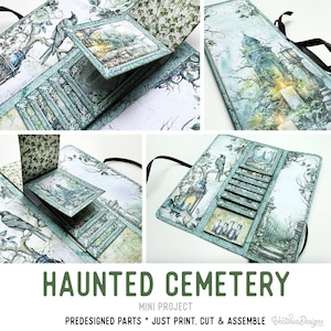 Peut inclure: Un projet de loisirs créatifs en papier intitulé Haunted Cemetery Mini Project. L'ensemble comprend des feuilles imprimées avec des illustrations de corbeaux, lanternes, bougies et portails de cimetière en bleu sarcelle, gris et blanc, avec des rubans noirs.