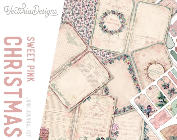 Pink Christmas Junk Journal Kit, Printable - 002342
