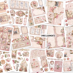 May include: A collection of digital scrapbook paper and embellishments featuring a vintage floral theme with pink, white, and green colors. The papers include various patterns and textures, and the embellishments include flowers, birds, and other decorative elements. The text "Embellishments" and "Vectoria Designs" is included on the papers.