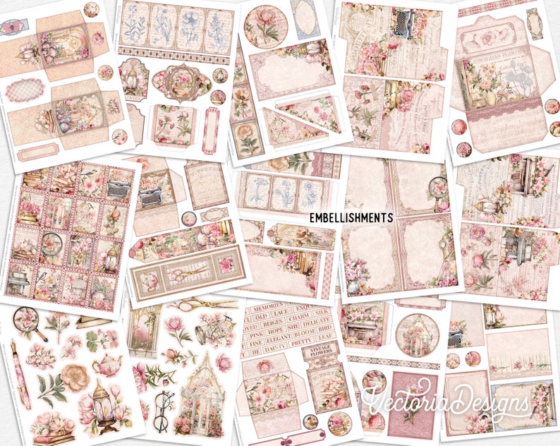 May include: A collection of digital scrapbook paper and embellishments featuring a vintage floral theme with pink, white, and green colors. The papers include various patterns and textures, and the embellishments include flowers, birds, and other decorative elements. The text "Embellishments" and "Vectoria Designs" is included on the papers.