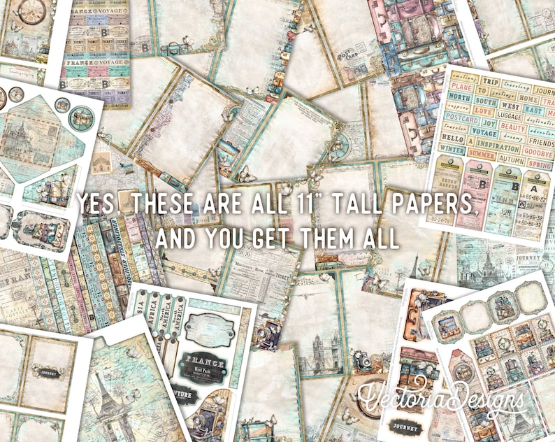 May include: A collection of 11-inch tall digital papers featuring a travel theme. The papers are in various shades of blue, green, and brown with vintage-inspired designs. The papers include images of suitcases, maps, airplanes, and other travel-related items. The text "YES! THESE ARE ALL 11" TALL PAPERS. AND YOU GET THEM ALL" is visible in the center of the image.
