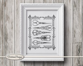 Vintage Scissors Monochrome Print, Black And White Wall Art, Digital Paper Scissors Print, Monochrome Illustration, Paper Crafting 000315