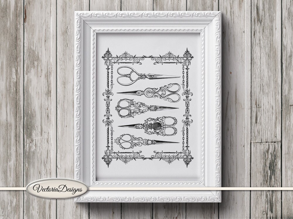 Vintage Scissors Monochrome Print, Black And White Wall Art, Digital