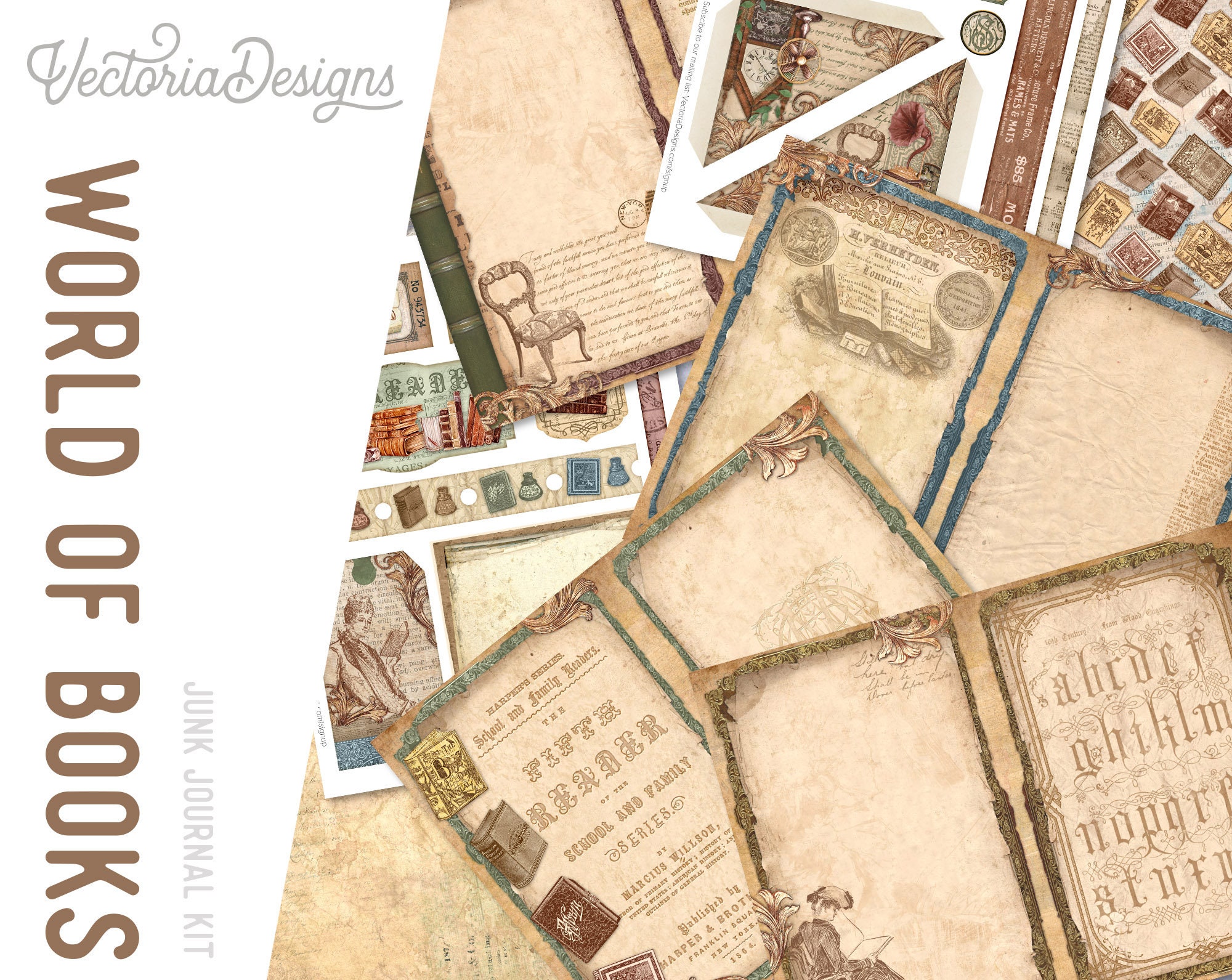 World of Books Junk Journal Kit, Printable Embellishments, Reading