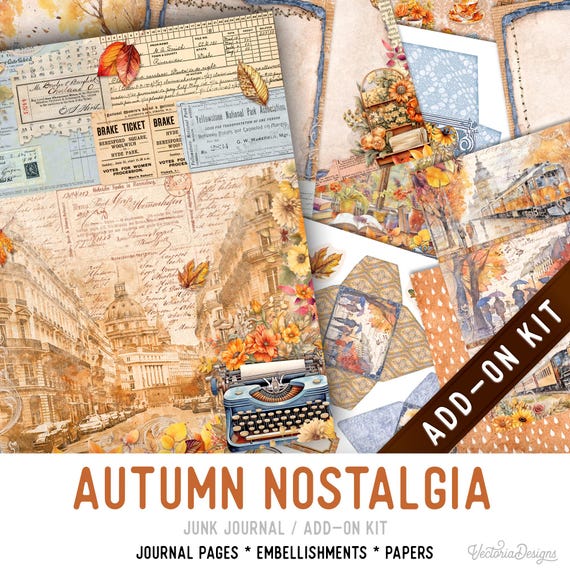 Autumn Nostalgia Junk Journal Add-On Kit, Printable Pages, Embellishments, Papers - 003571