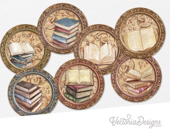 Boekencollectie cirkels, afdrukbare boekcirkels, 2 inch cirkels, afdrukbare cirkels, junk journal versieringen, plakboek, digitaal - 002575