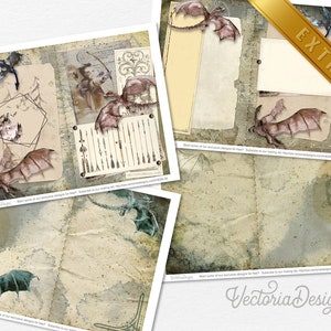 May include: A digital collage sheet featuring dragons, arrows, and a compass. The background is a distressed, aged parchment paper with a faded green and brown color scheme. The text "Want some of our exclusive designs for free? Subscribe to our mailing list: http://vectoriadesigns.com/subscription-24" is at the bottom of the sheet.