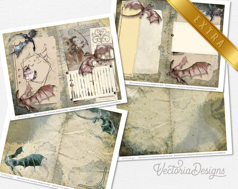 May include: A digital collage sheet featuring dragons, arrows, and a compass. The background is a distressed, aged parchment paper with a faded green and brown color scheme. The text "Want some of our exclusive designs for free? Subscribe to our mailing list: http://vectoriadesigns.com/subscription-24" is at the bottom of the sheet.