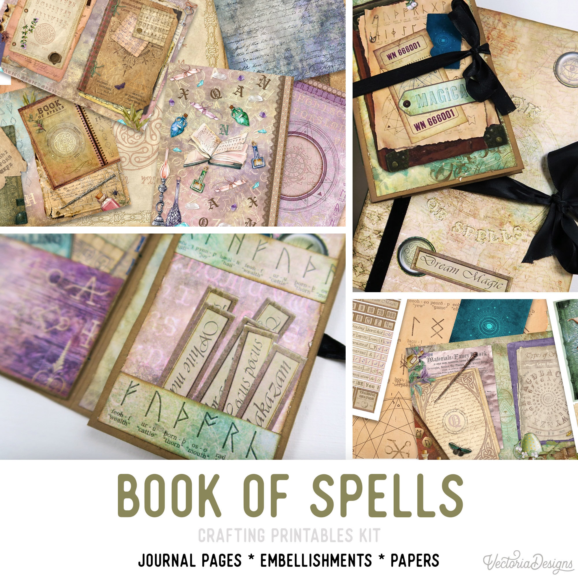 Book Of Spells Crafting Printables Kit, Craft Kits, Junk Journal Printable,  White Witch Journal, Magic Junk Journal, Supplies Kit- 002249