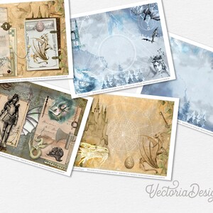 May include: A set of five digital collage sheets featuring dragons, castles, and other fantasy elements. The sheets are in a vintage style with a brown and blue color scheme.