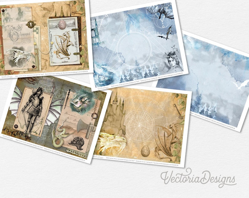 May include: A set of five digital collage sheets featuring dragons, castles, and other fantasy elements. The sheets are in a vintage style with a brown and blue color scheme.