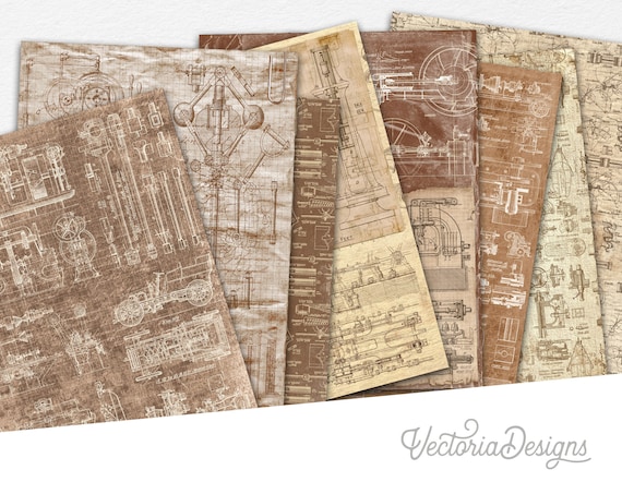 Mechanics themed ephemera pack of vintage blueprints sheets for crafting. Digital embellishments 002367