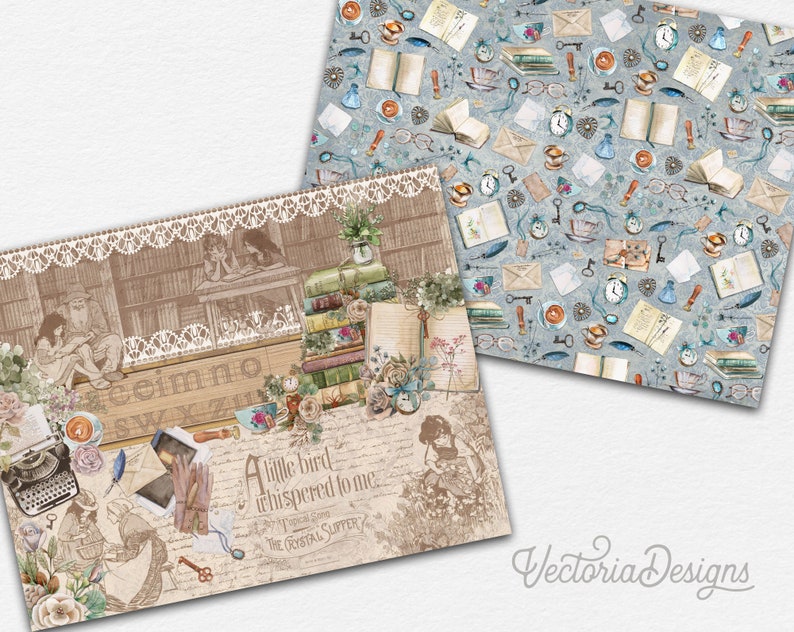 Book Lovers Horizontal Paper Pack, Printable Paper Pack, Landscape Paper Pack, Scrapbook Paper Pack, Decorative Paper, Digital Paper 002664 image 2