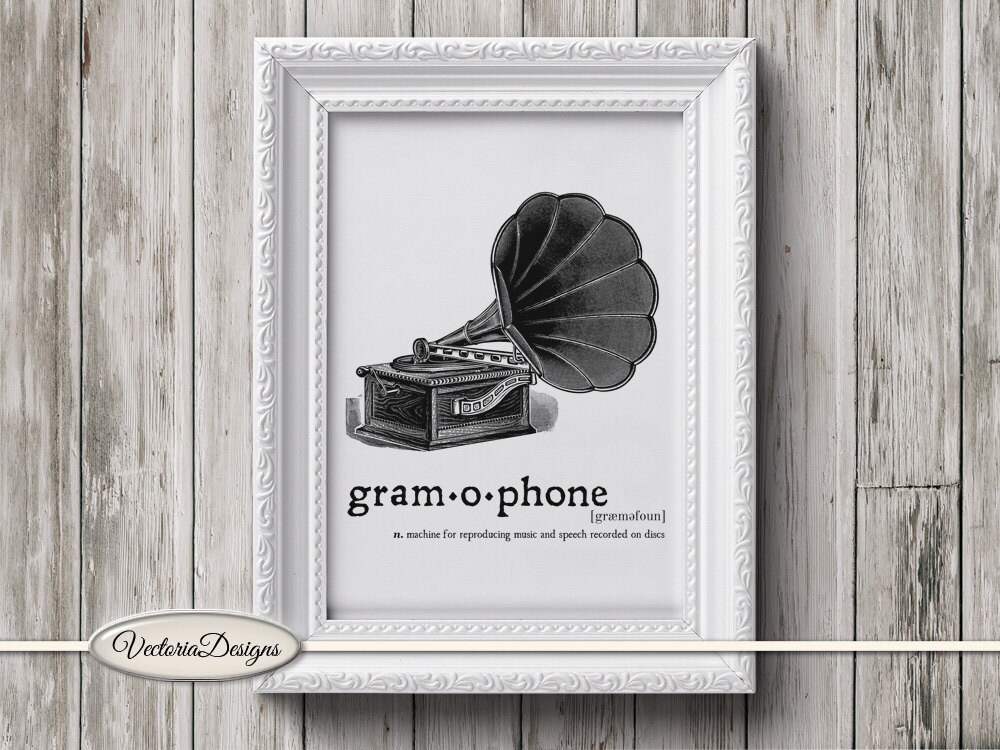Gramophone print printable art black and white print | Etsy
