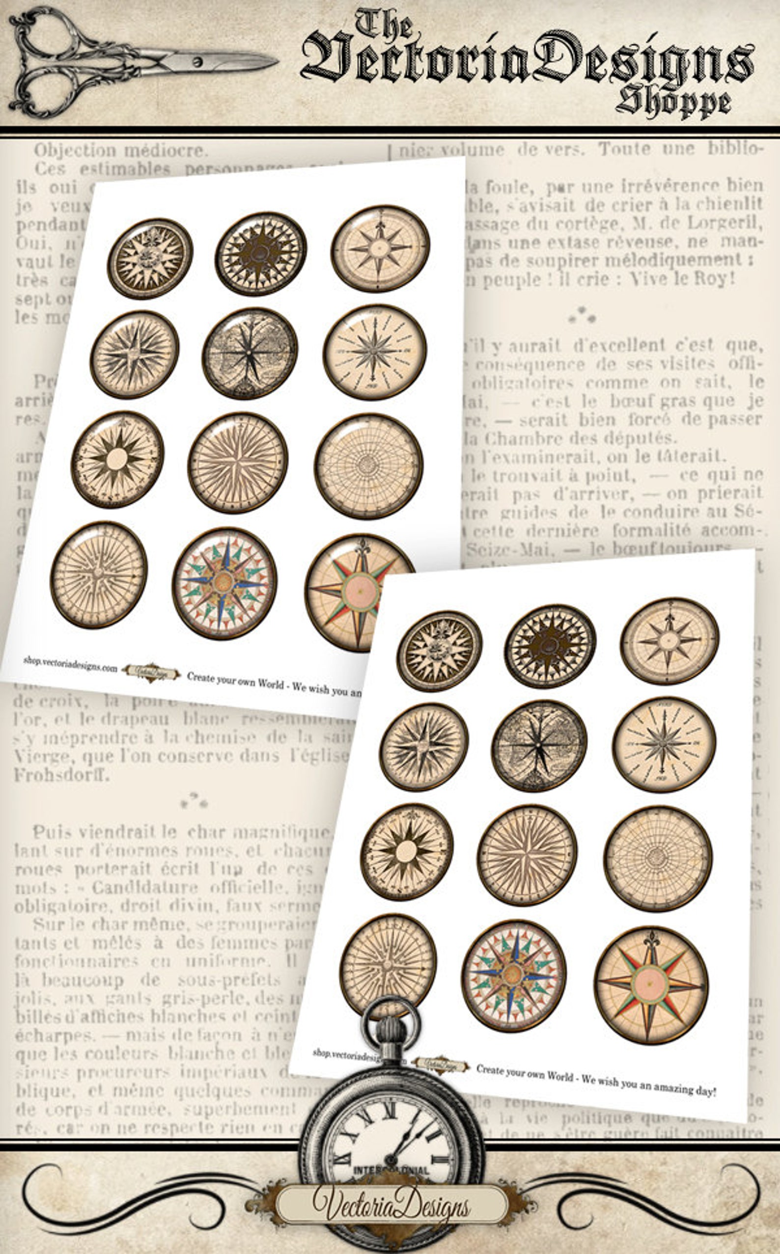 Compass Circles 2 Inch Printable With Without Glass Paper Etsy