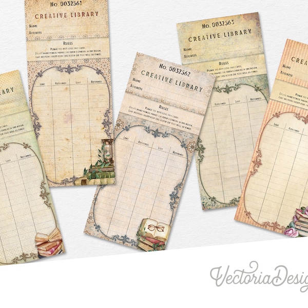 Romantische oude bibliotheekkaarten, afdrukbare bibliotheekkaarten, junk journal verfraaiingen, scrapbooking, bibliotheekjournaal, crafting printables 002590