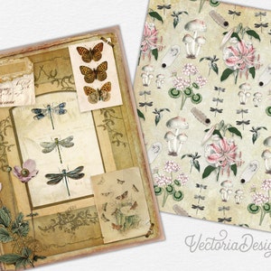 May include: A vintage-style scrapbook page with a decorative frame featuring butterflies, dragonflies, and floral designs. The page has a distressed, aged look and includes handwritten text.