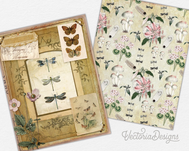 May include: A vintage-style scrapbook page with a decorative frame featuring butterflies, dragonflies, and floral designs. The page has a distressed, aged look and includes handwritten text.